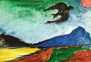 Bird by the sea with mountains