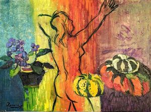 Nu entre fleurs et ponpon