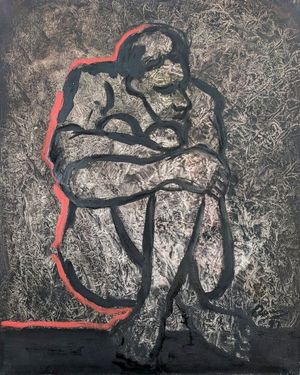 Nu accroupi avec contour rouge